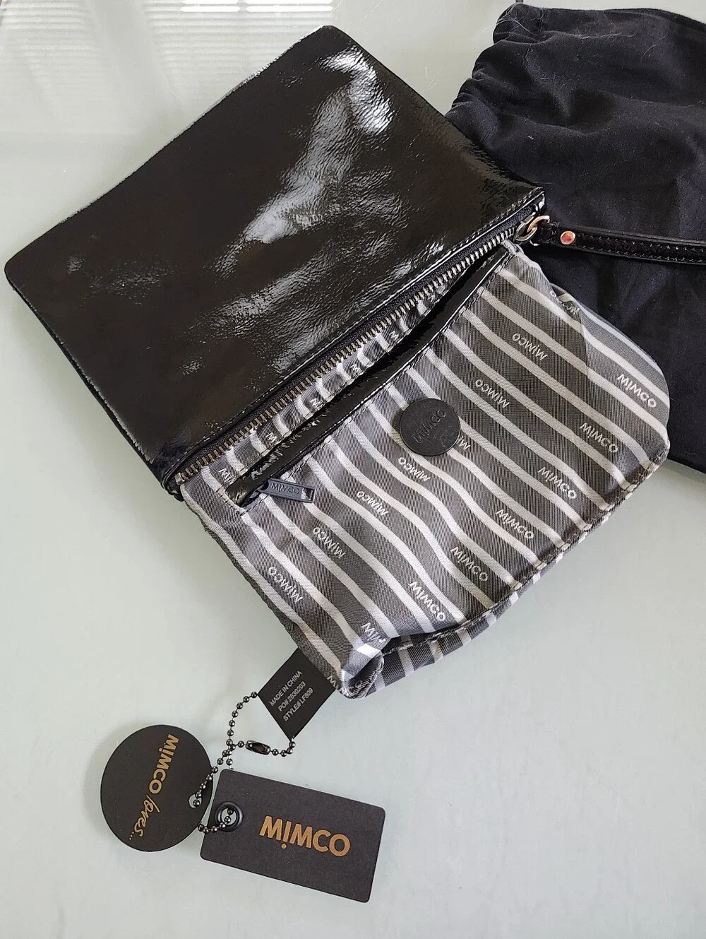 Mimco Black Patent Leather Wristlet with Rose Gold Logo Disc And Dustbag Lux New